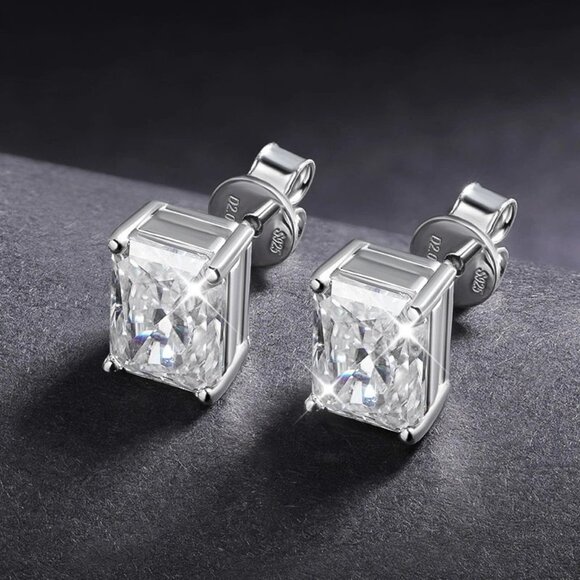2CTW D VVS1 Radiant Cut Real Moissanite Stud Earrings 18K White Gold Plated GRA - Picture 1 of 10